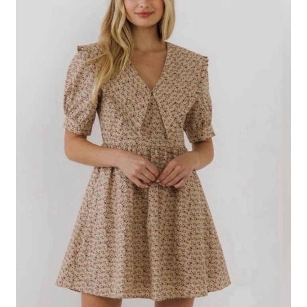 English Factory Floral Mini Dress Tan Purple Oversized Collar Puff Sleeve Small